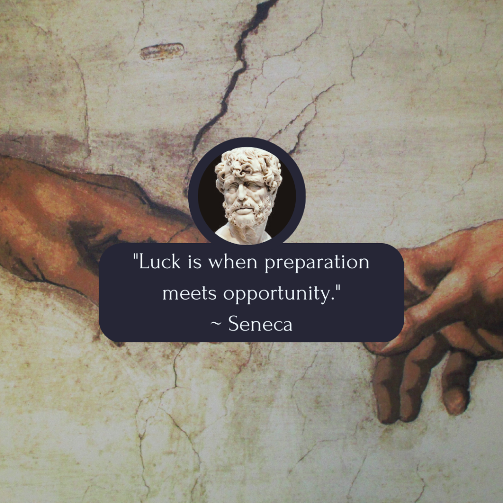 "Luck is when preparation meets opportunity." | Quote graphic depicting Seneca's statue face alongside his quote