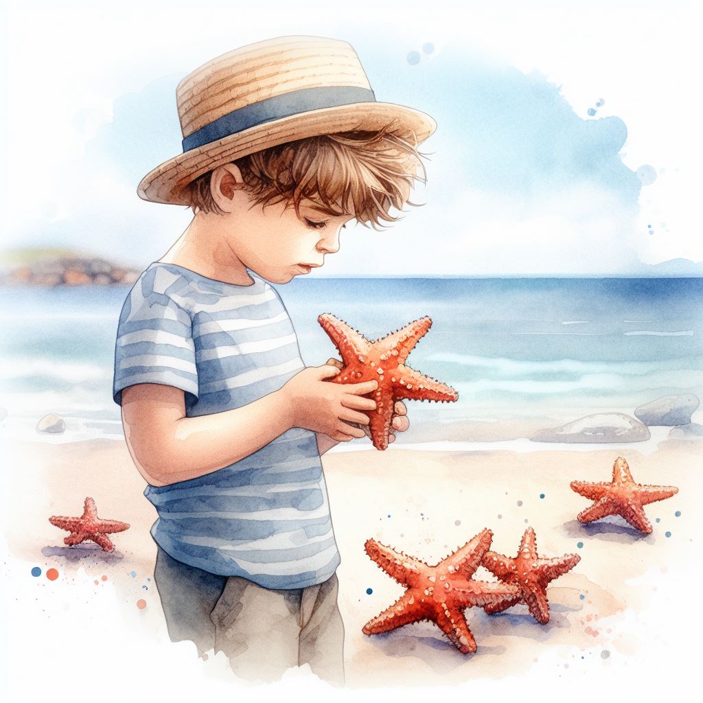Boy throwing starfish into the sea image | watercolor style
