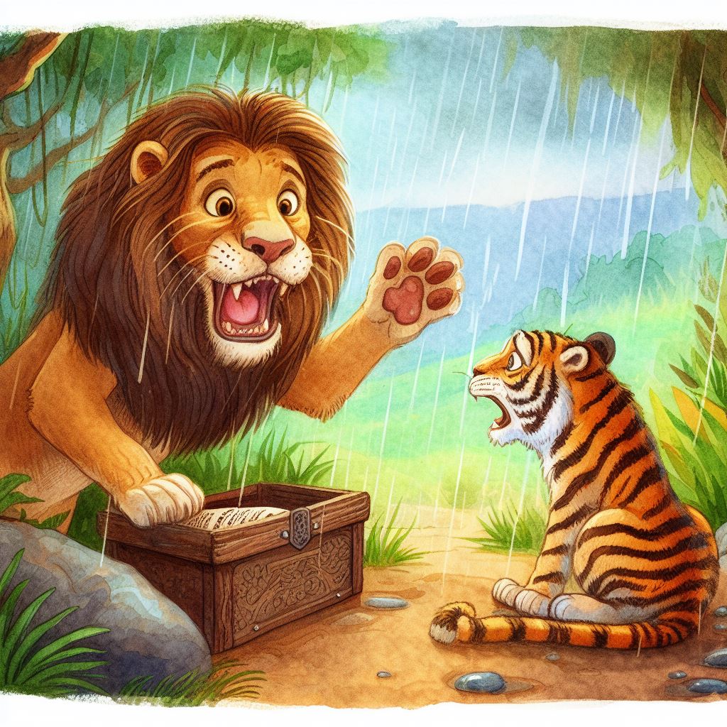 The lion announcing a punishment to the tiger while the tiger is terrified.