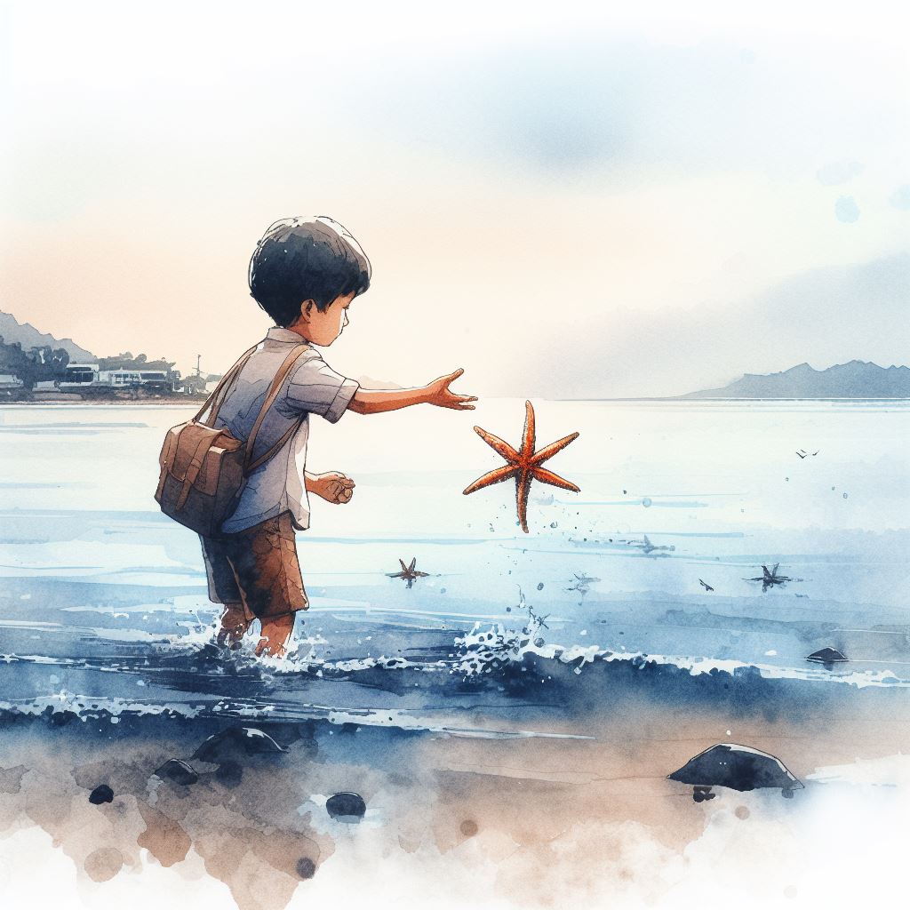 The young boy throwing starfish into the sea
