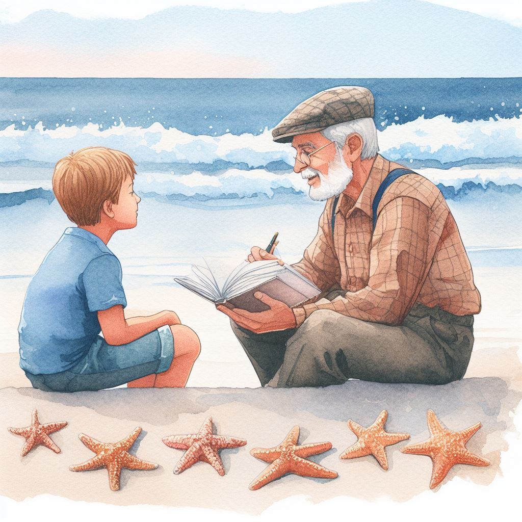 The old man and the young starfish thrower talking to each other | watercolor art style