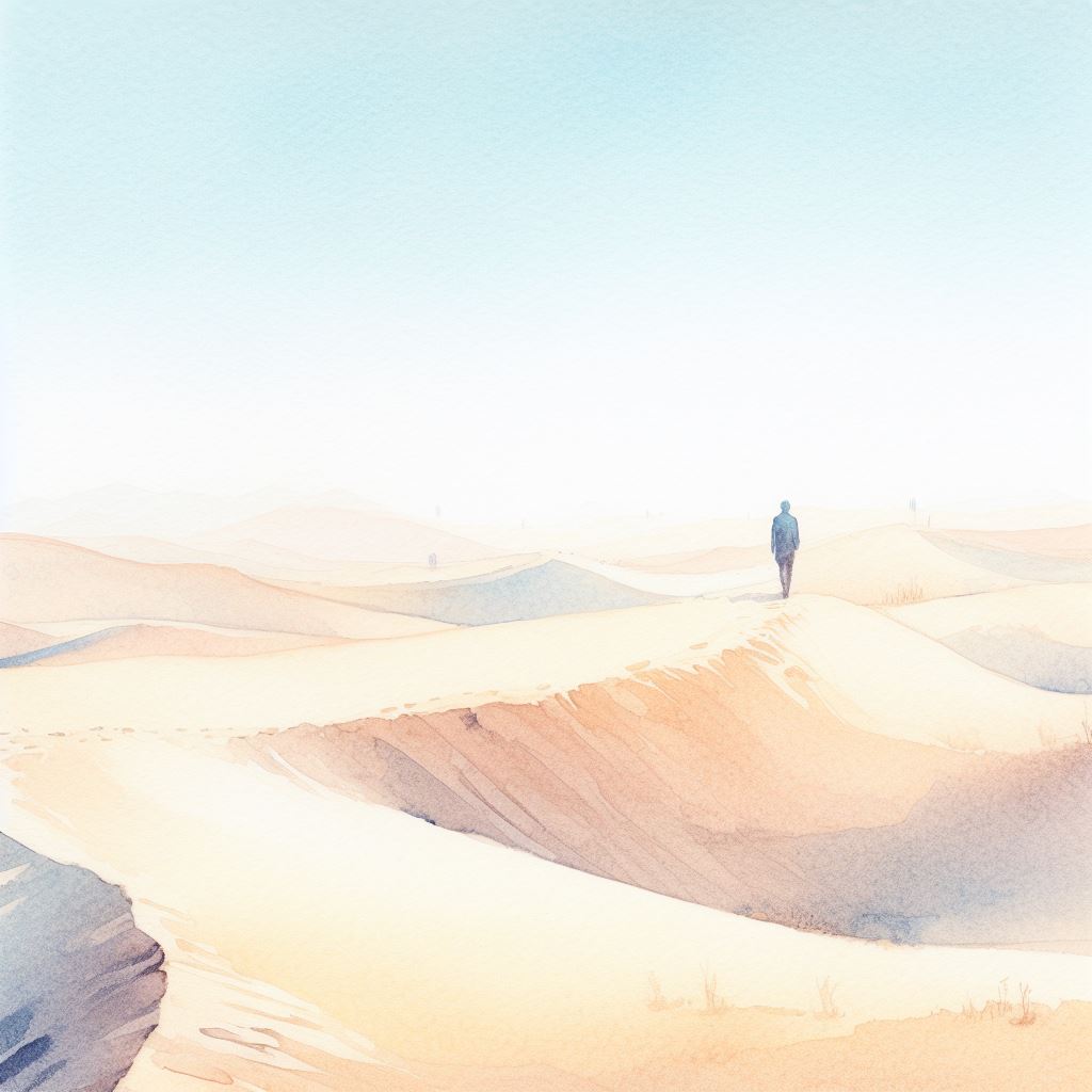 One step at a time | Decorative image of a man walking on a sand dune, hand drawn watercolor aesthetic art style