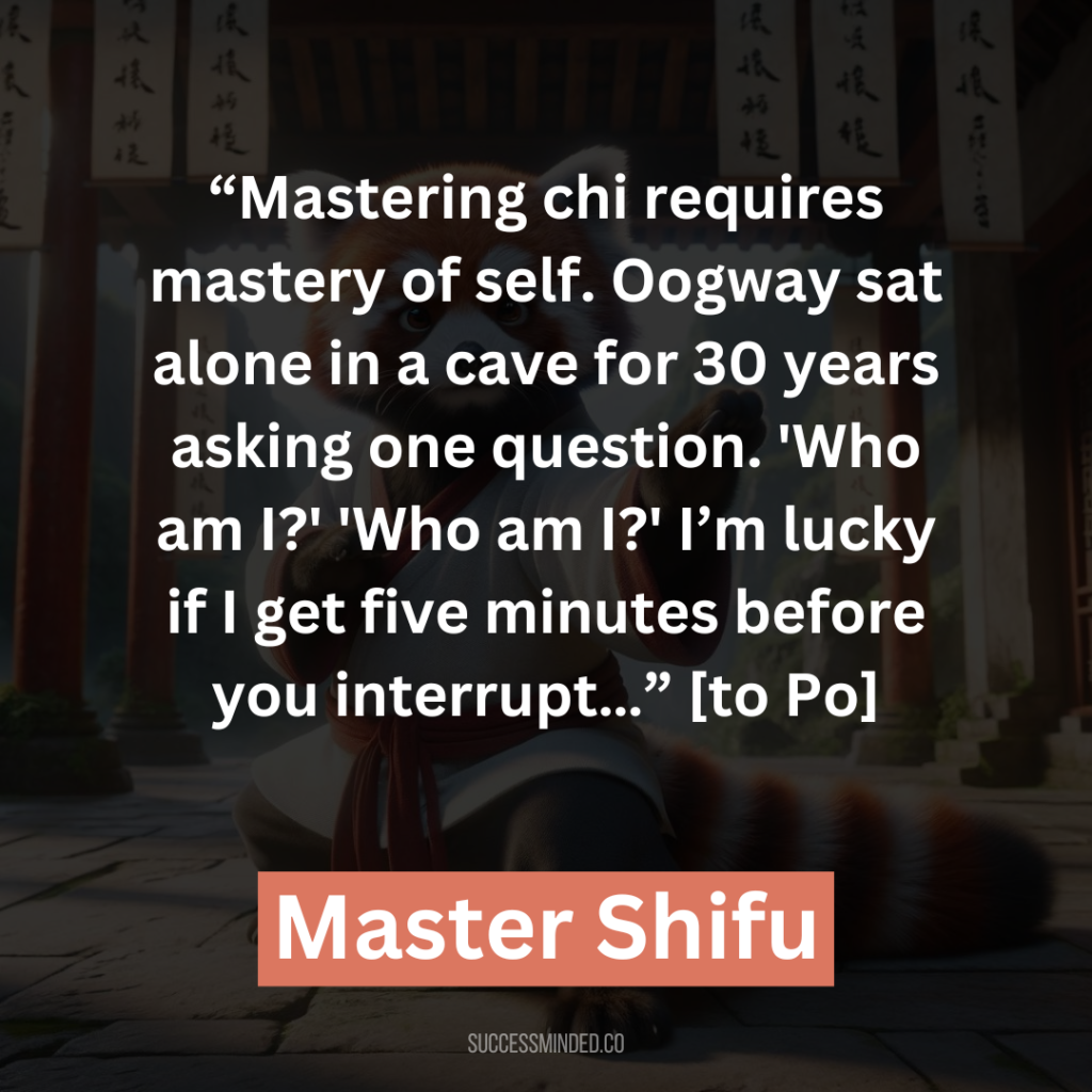 7. “Mastering chi requires mastery of self. Oogway sat alone in a cave for 30 years asking one question. 'Who am I?' 'Who am I?' I’m lucky if I get five minutes before you interrupt…” [to Po]
